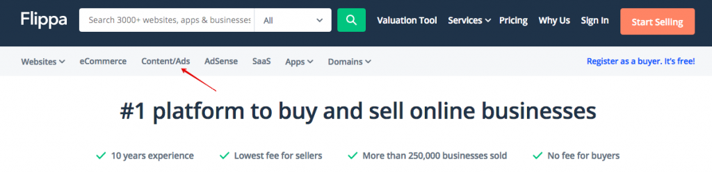 Search for Advertising Websites on Flippa platform